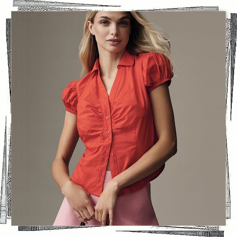 NWT: Red Cotton Puff Sleeve Blouse (XS) by Maeve